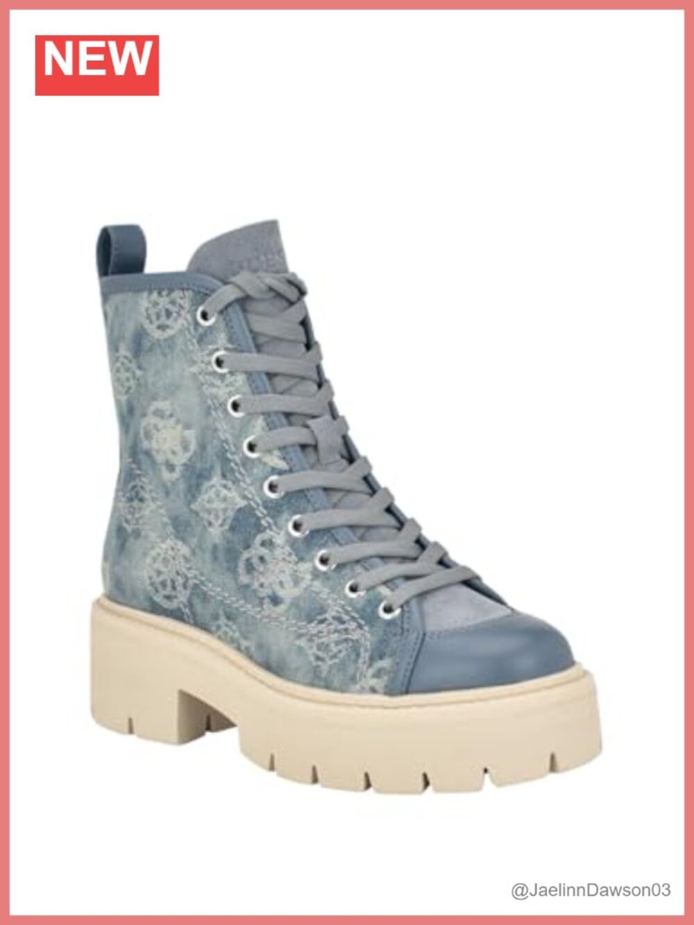 Jacquard Denim Lace Up Ankle Bootie Zip Closure Block Heel